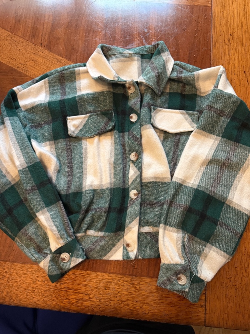 Plaid Button-Down Shirt Jacket in Green & Cream